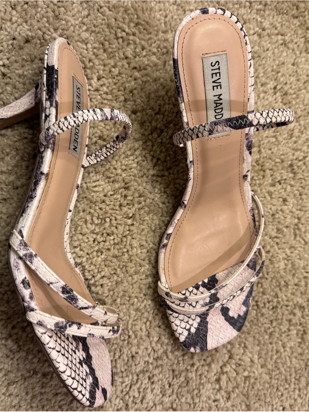 LOFT Pink and Black Snake-Print Strappy Heeled Sandals